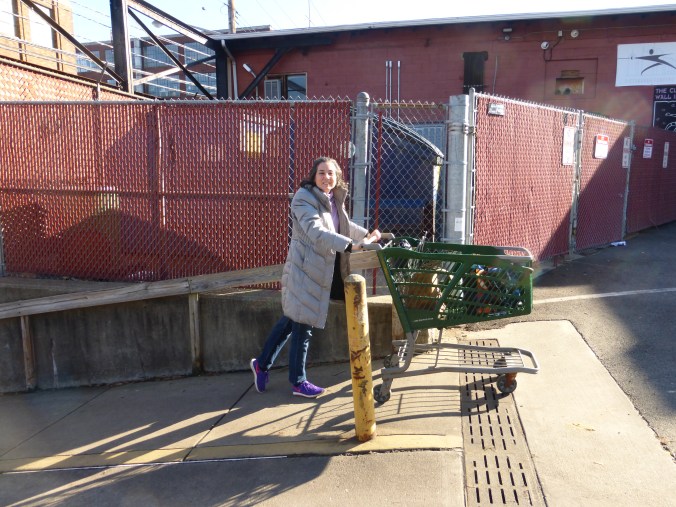 smiling Becca with shopping cart at top of hill