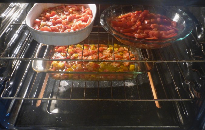 3 pans of tomatoes in the oven.