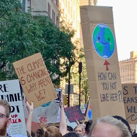 protest signs: "The climate is changing; why aren't WE?" and smiling Earth captioned, "How can you not love her?!"