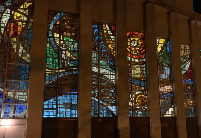 Tree of Life stained glass seen from outside, at night